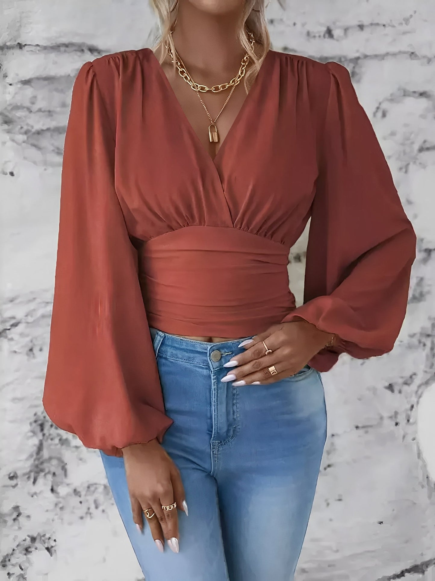 Ruched V Neck Puff Long Sleeves Smocked Casual Blouse