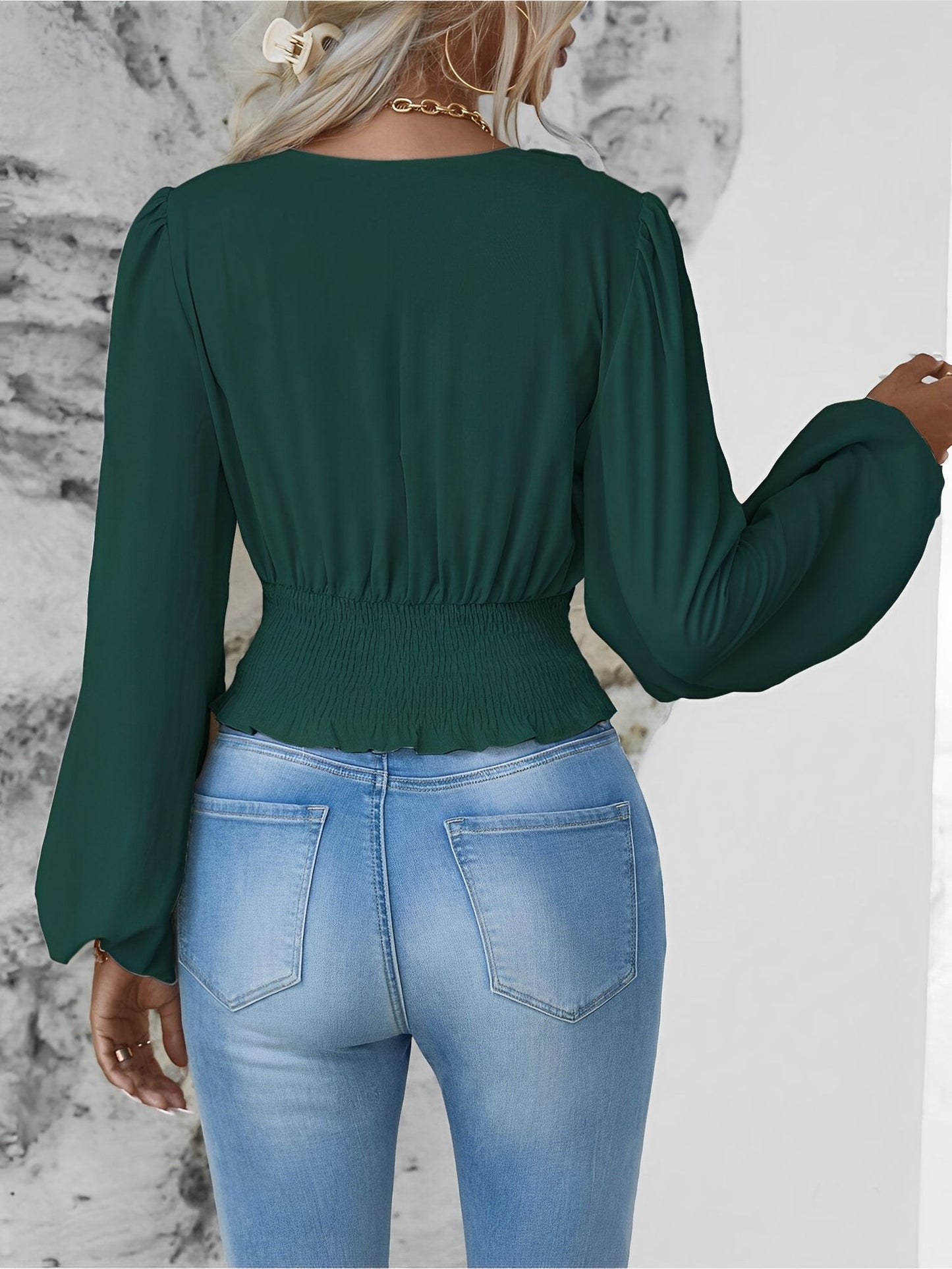 Ruched V Neck Puff Long Sleeves Smocked Casual Blouse
