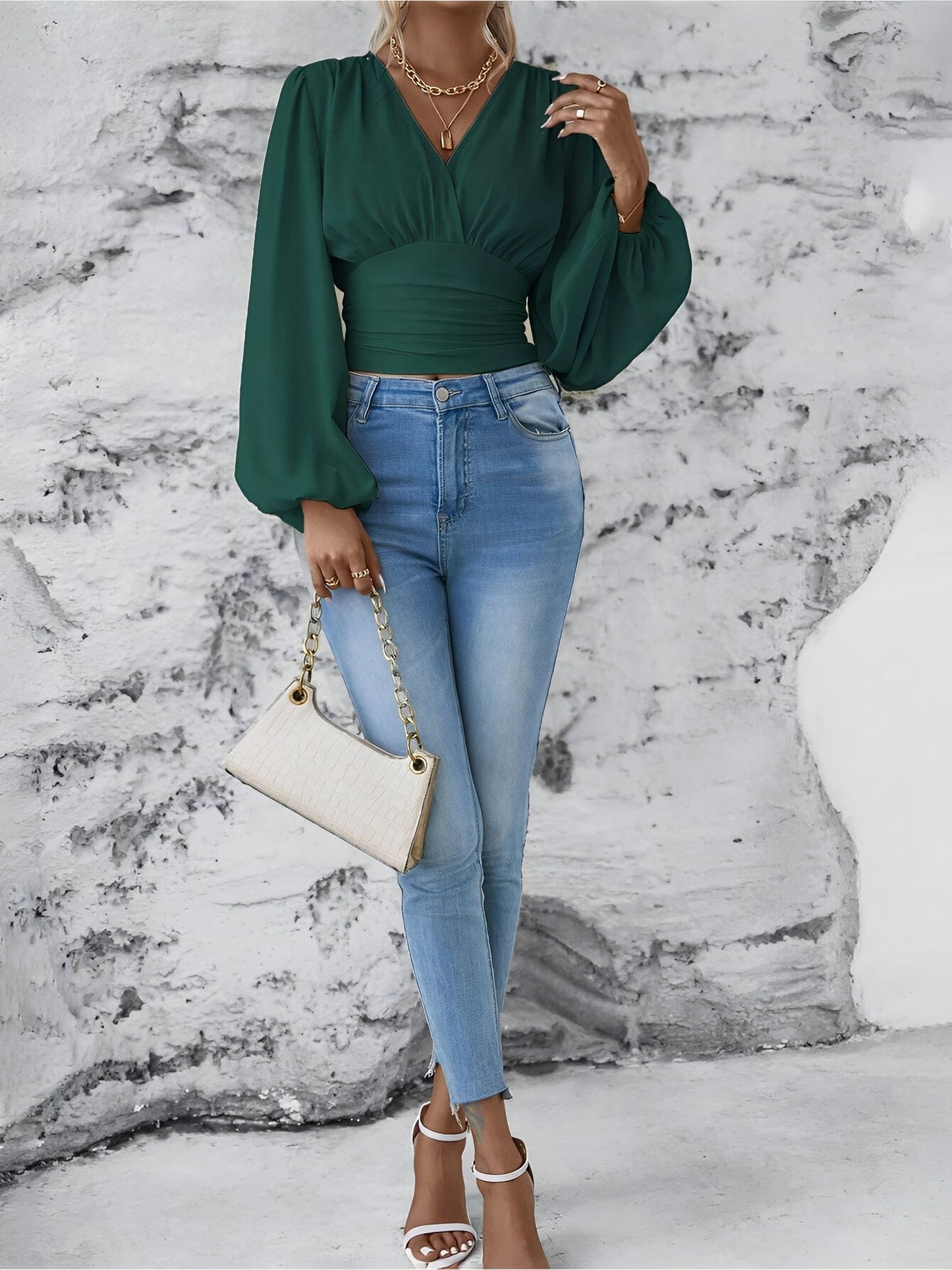 Ruched V Neck Puff Long Sleeves Smocked Casual Blouse