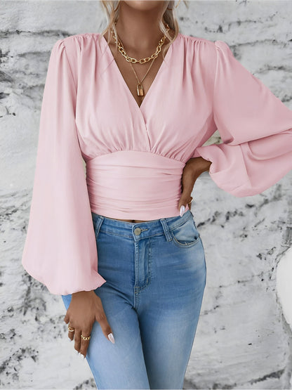 Ruched V Neck Puff Long Sleeves Smocked Casual Blouse