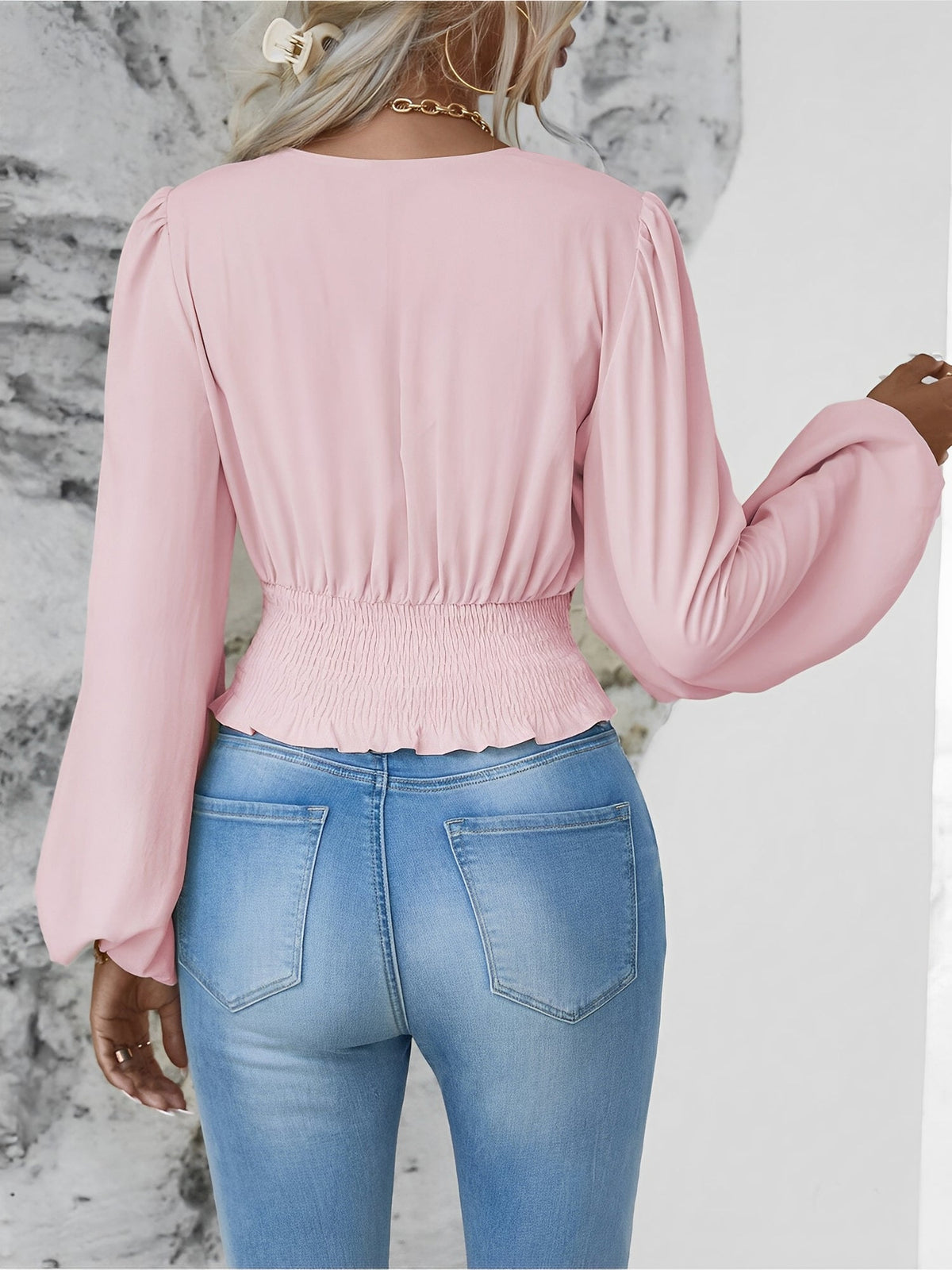 Ruched V Neck Puff Long Sleeves Smocked Casual Blouse