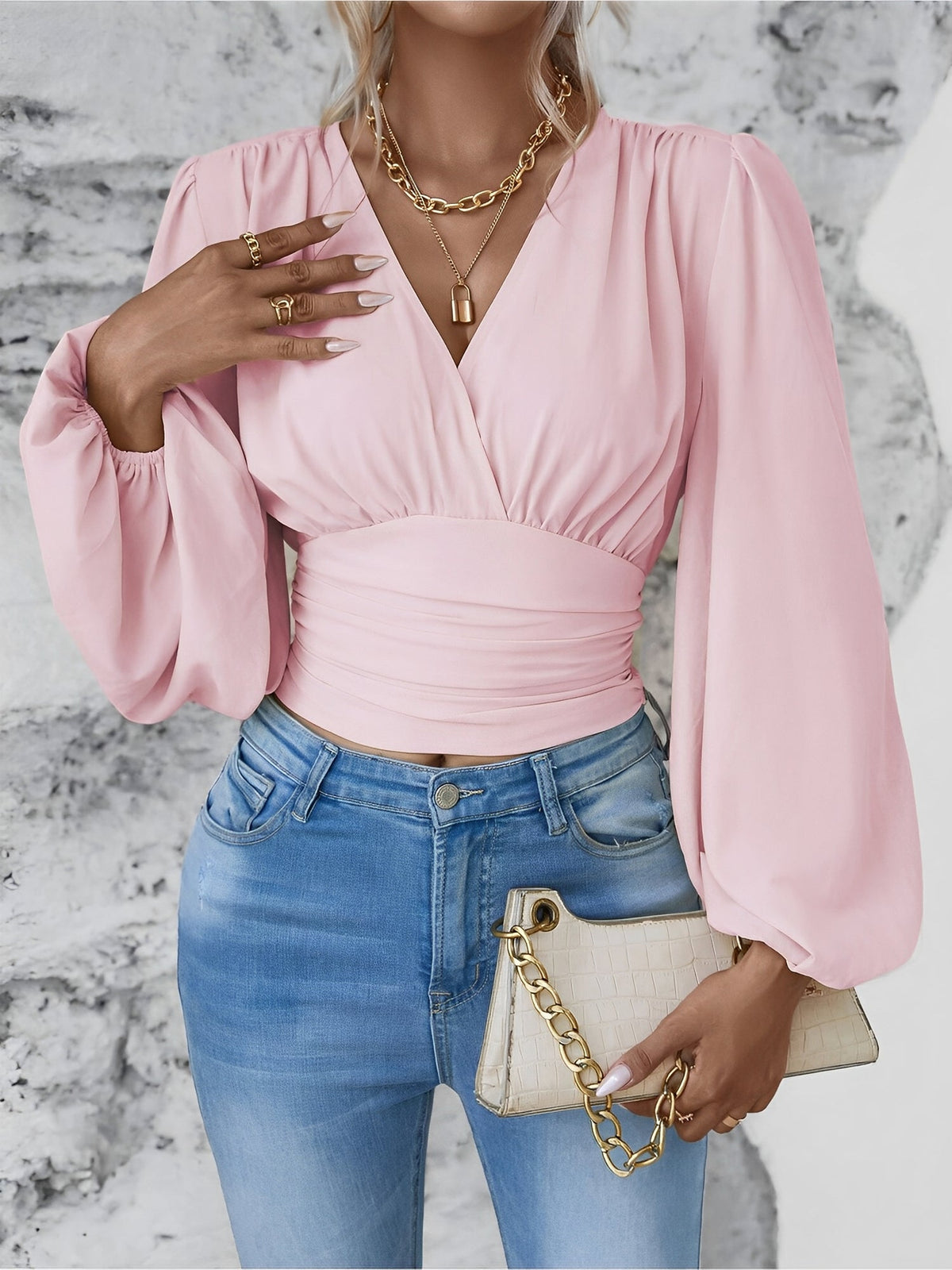 Ruched V Neck Puff Long Sleeves Smocked Casual Blouse
