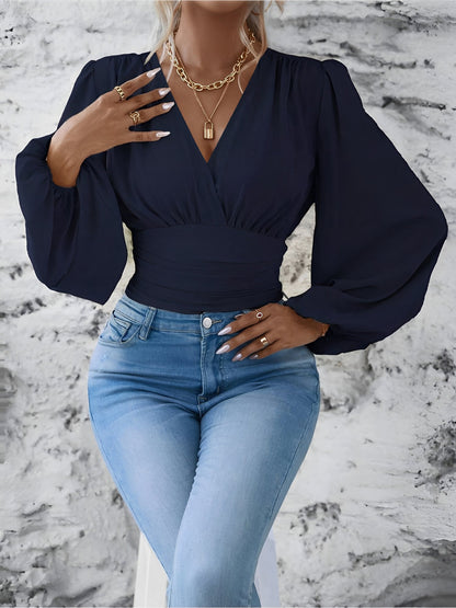 Ruched V Neck Puff Long Sleeves Smocked Casual Blouse