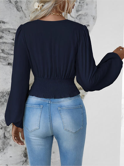 Ruched V Neck Puff Long Sleeves Smocked Casual Blouse