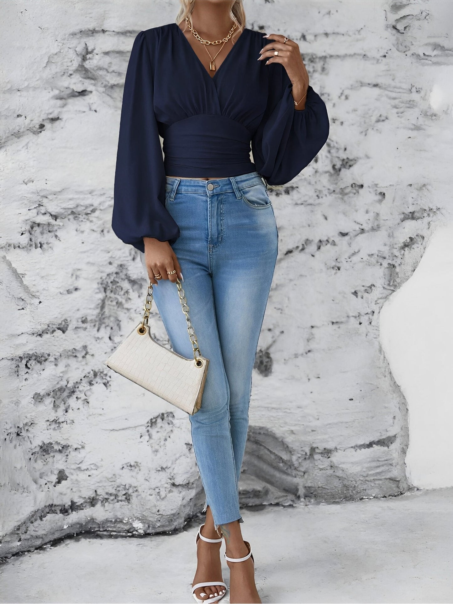Ruched V Neck Puff Long Sleeves Smocked Casual Blouse