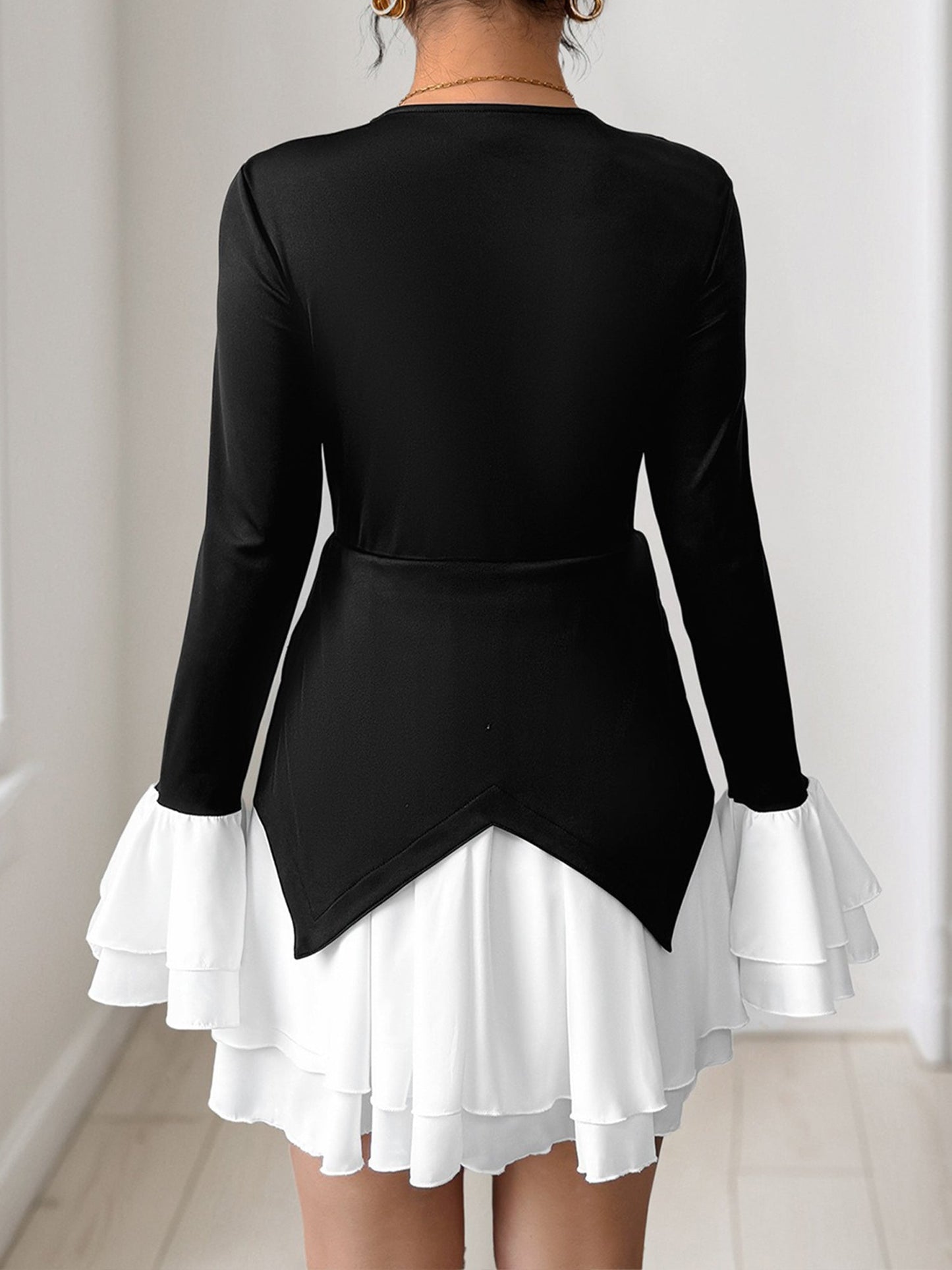 Colorblock V Neck Long Sleeves Ruffle Mini Dress