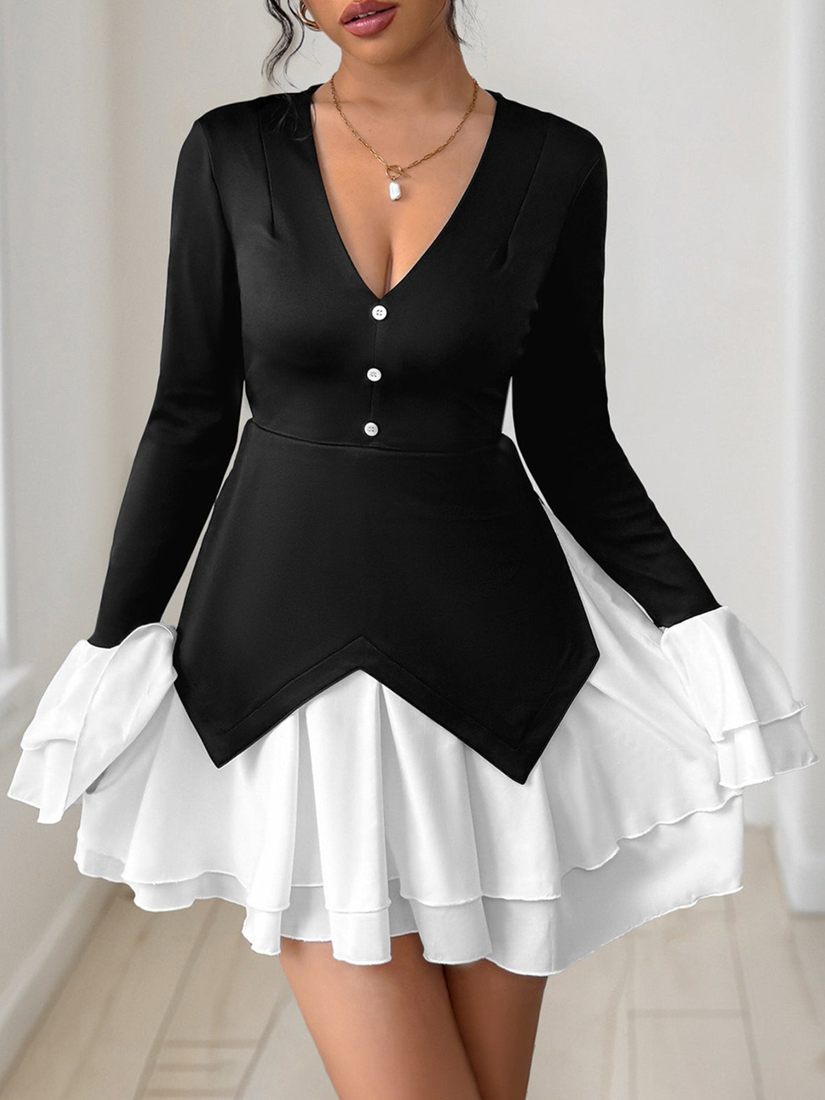 Colorblock V Neck Long Sleeves Ruffle Mini Dress