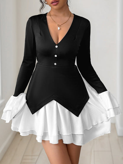 Colorblock V Neck Long Sleeves Ruffle Mini Dress