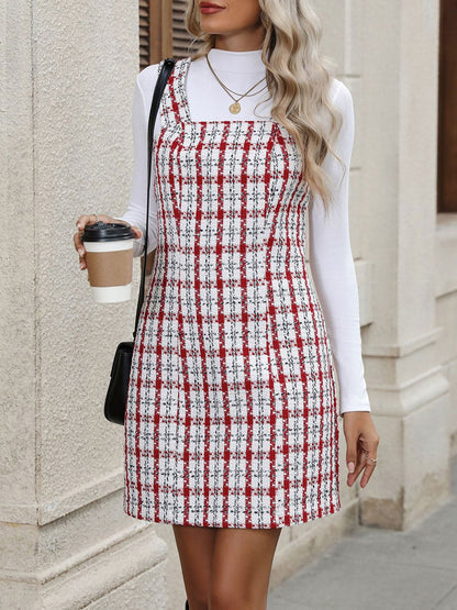 Tweed Plaid Sleeveless Mini Suspender Dress
