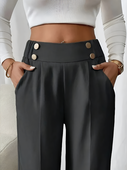 Elastic Waist Button Decor Straight Legs Pants