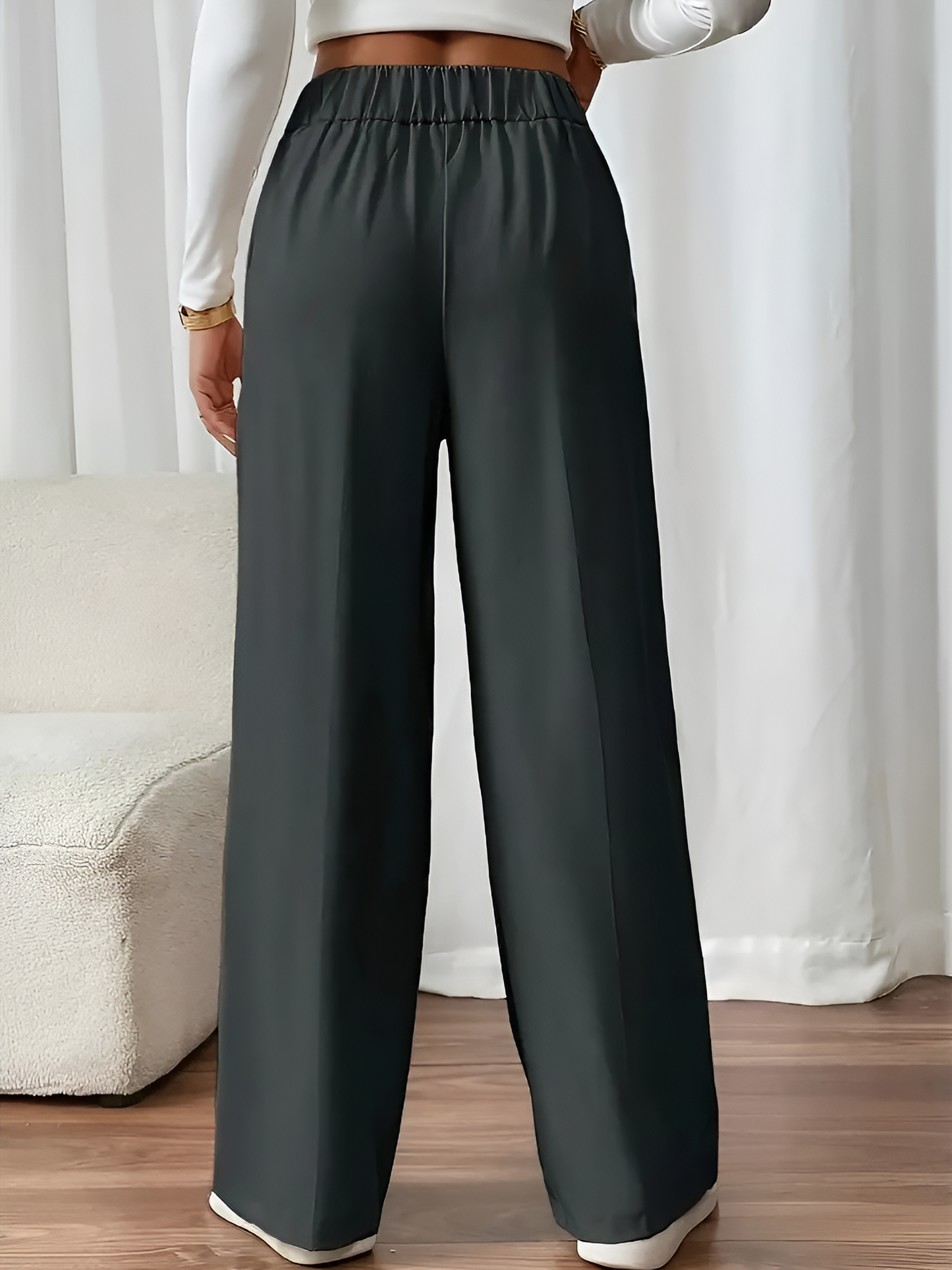 Elastic Waist Button Decor Straight Legs Pants