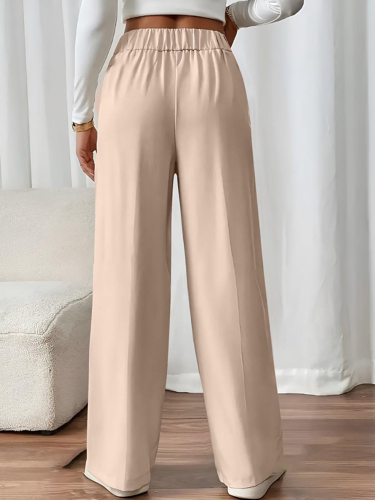 Elastic Waist Button Decor Straight Legs Pants