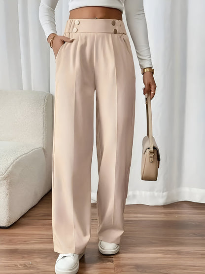 Elastic Waist Button Decor Straight Legs Pants