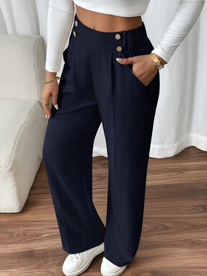 Elastic Waist Button Decor Straight Legs Pants
