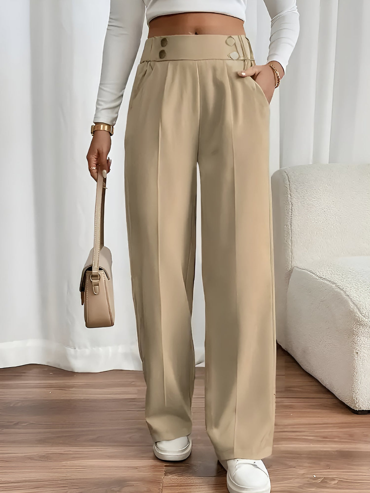 Elastic Waist Button Decor Straight Legs Pants