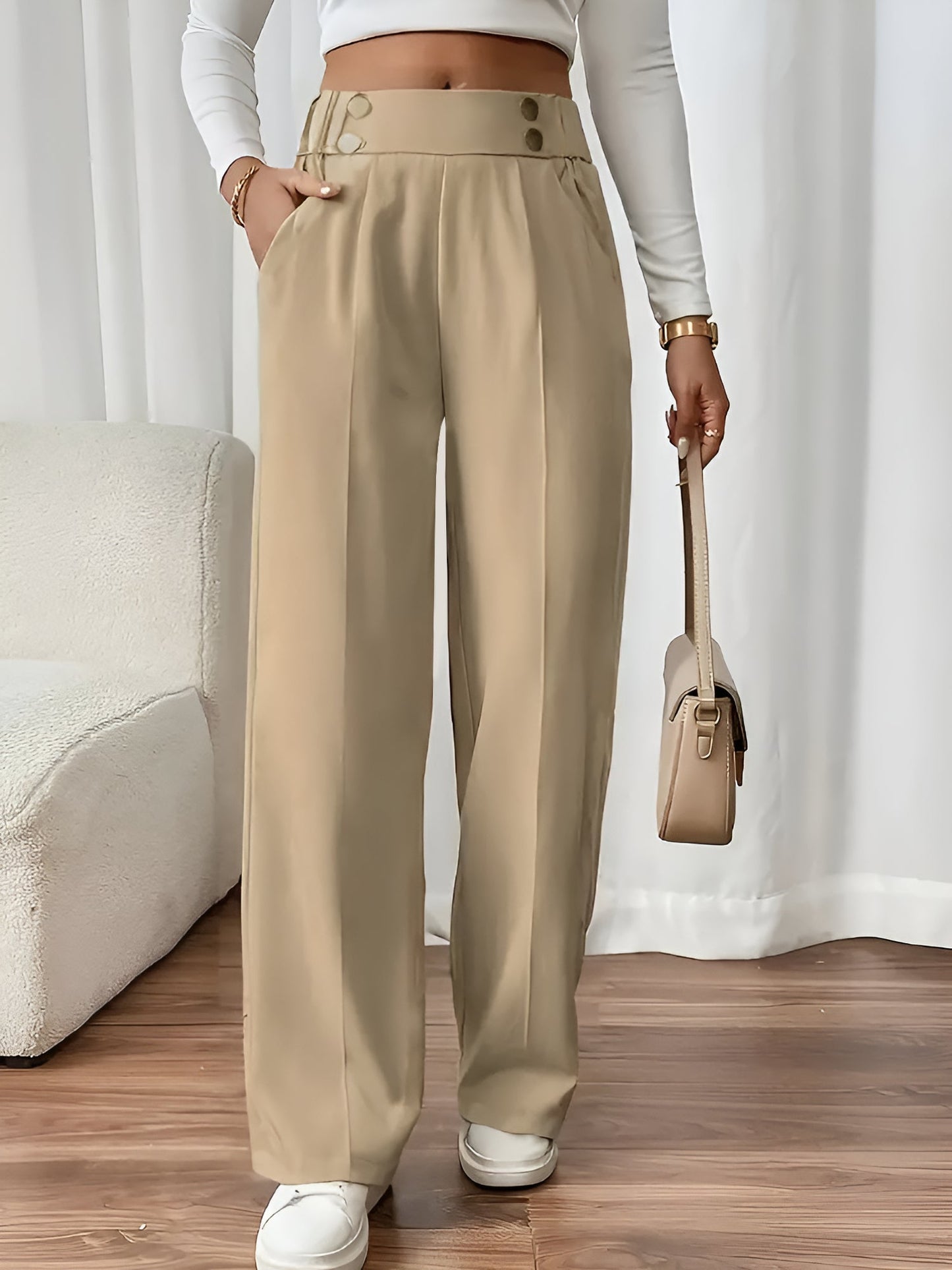 Elastic Waist Button Decor Straight Legs Pants