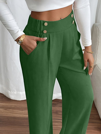 Elastic Waist Button Decor Straight Legs Pants