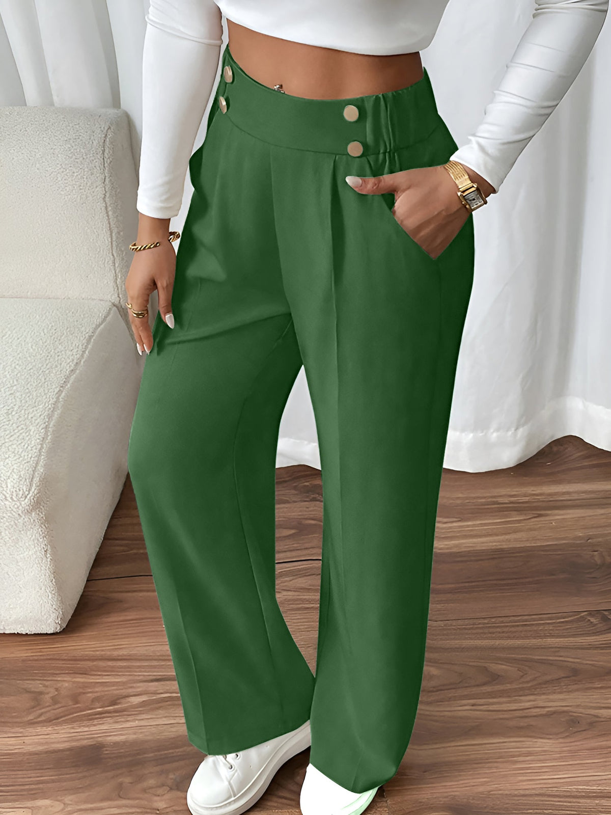 Elastic Waist Button Decor Straight Legs Pants