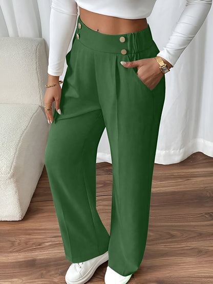 Elastic Waist Button Decor Straight Legs Pants
