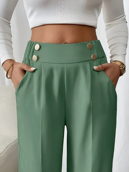 Elastic Waist Button Decor Straight Legs Pants