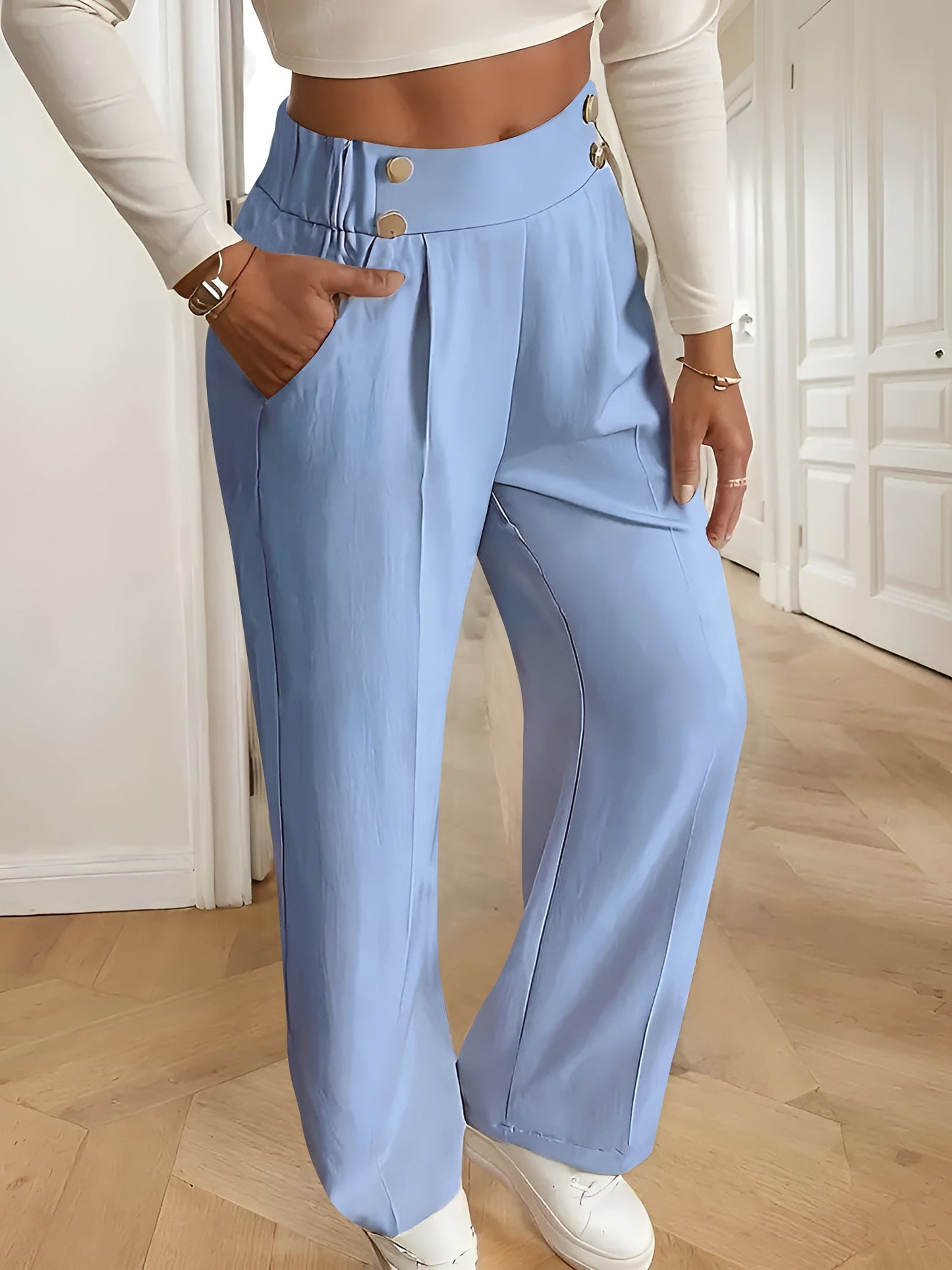 Elastic Waist Button Decor Straight Legs Pants