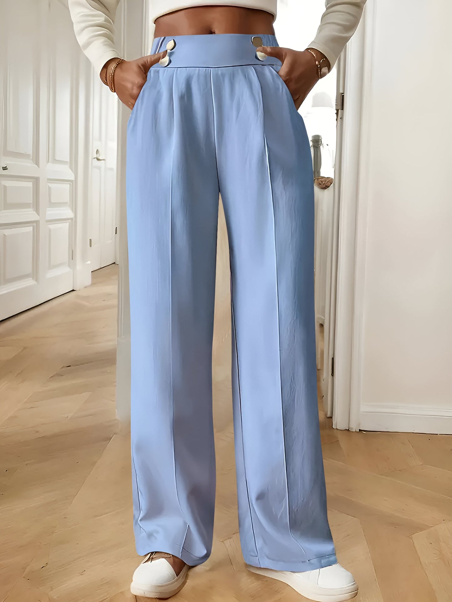 Elastic Waist Button Decor Straight Legs Pants