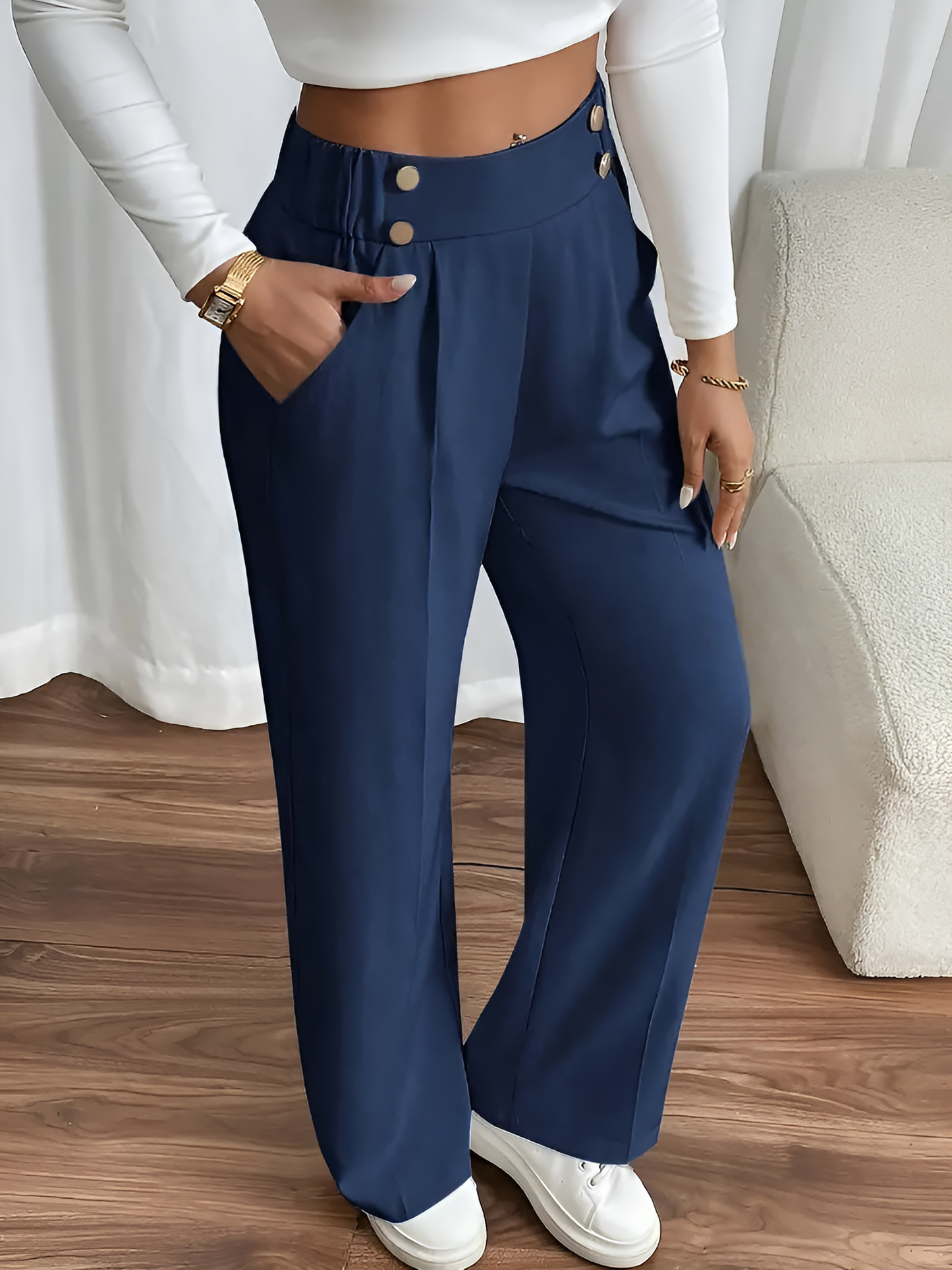 Elastic Waist Button Decor Straight Legs Pants