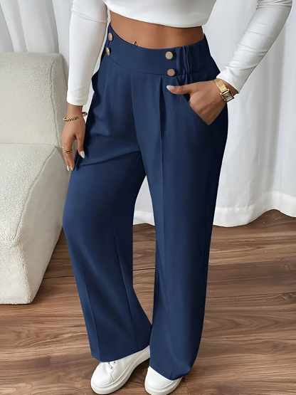Elastic Waist Button Decor Straight Legs Pants