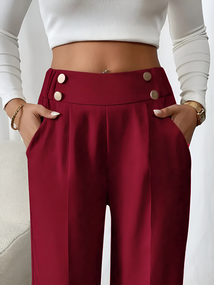 Elastic Waist Button Decor Straight Legs Pants