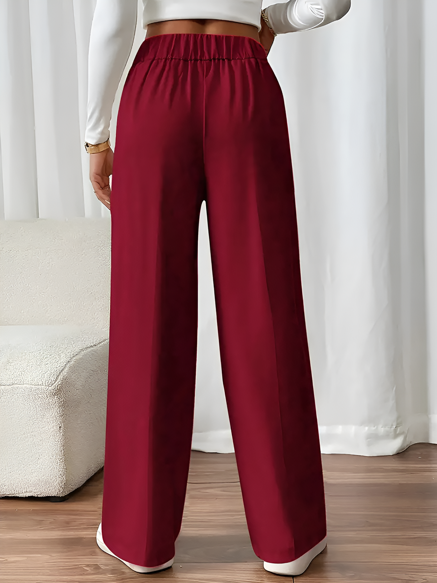 Elastic Waist Button Decor Straight Legs Pants