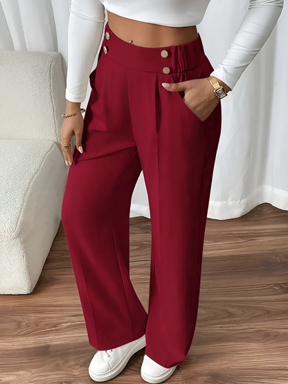 Elastic Waist Button Decor Straight Legs Pants