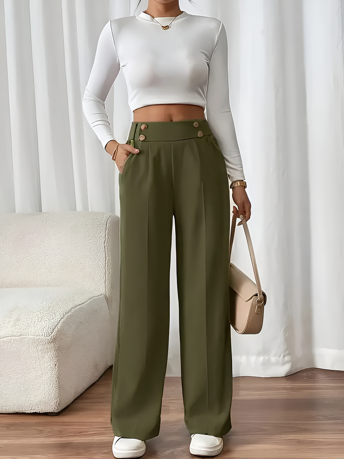 Elastic Waist Button Decor Straight Legs Pants