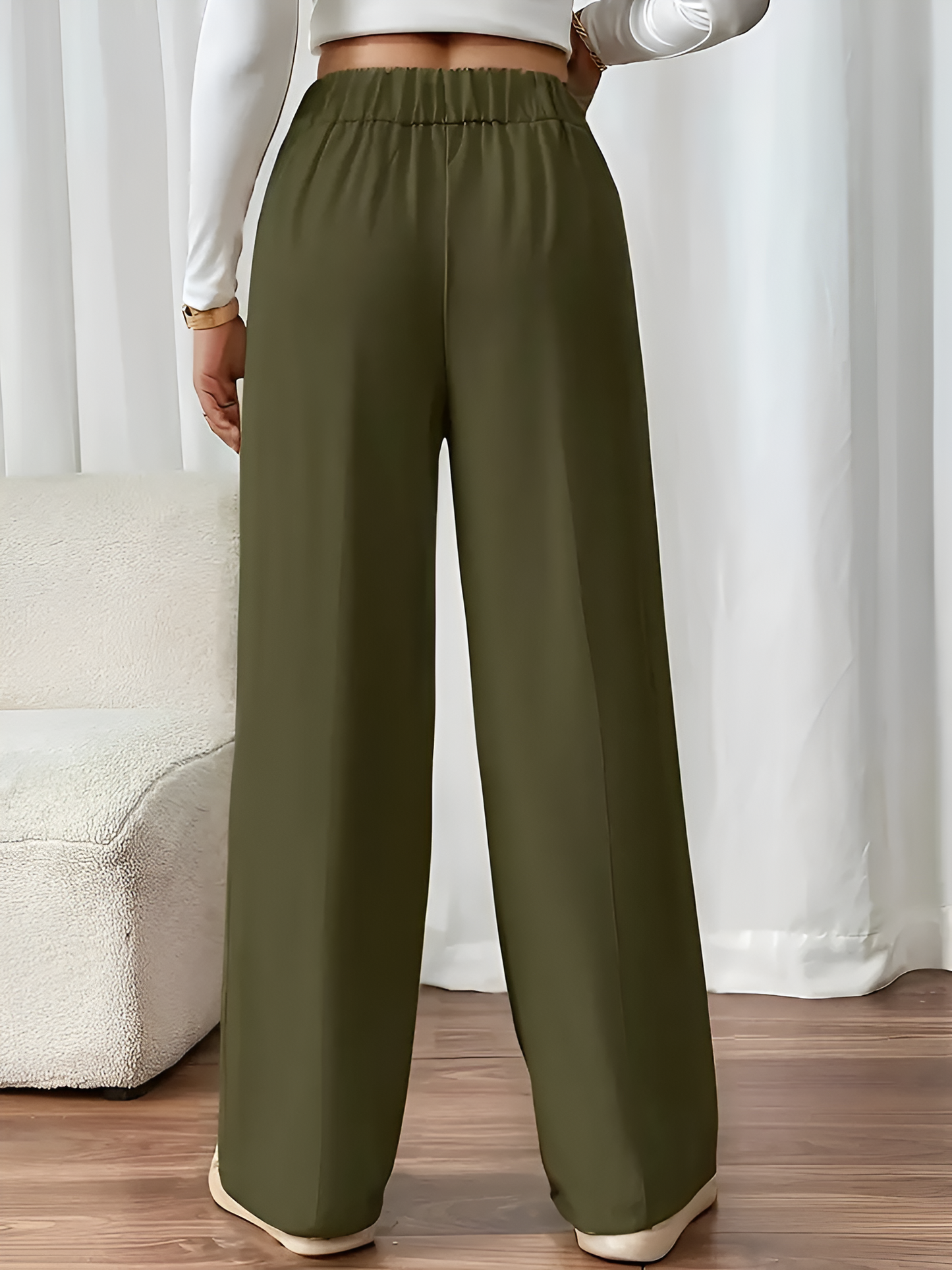 Elastic Waist Button Decor Straight Legs Pants