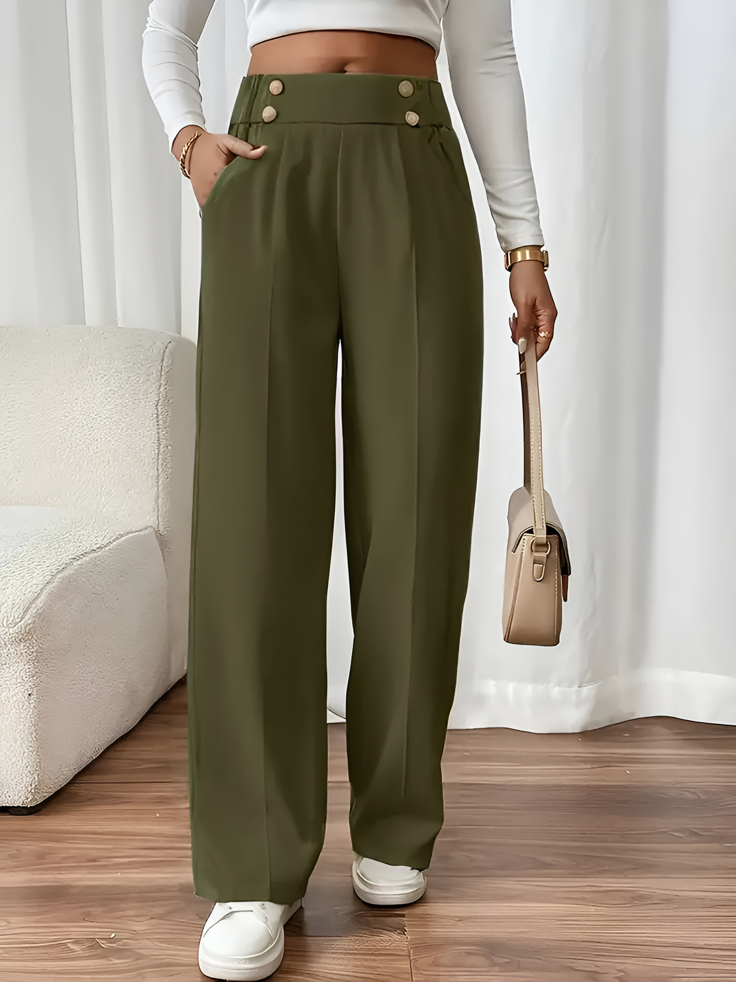 Elastic Waist Button Decor Straight Legs Pants