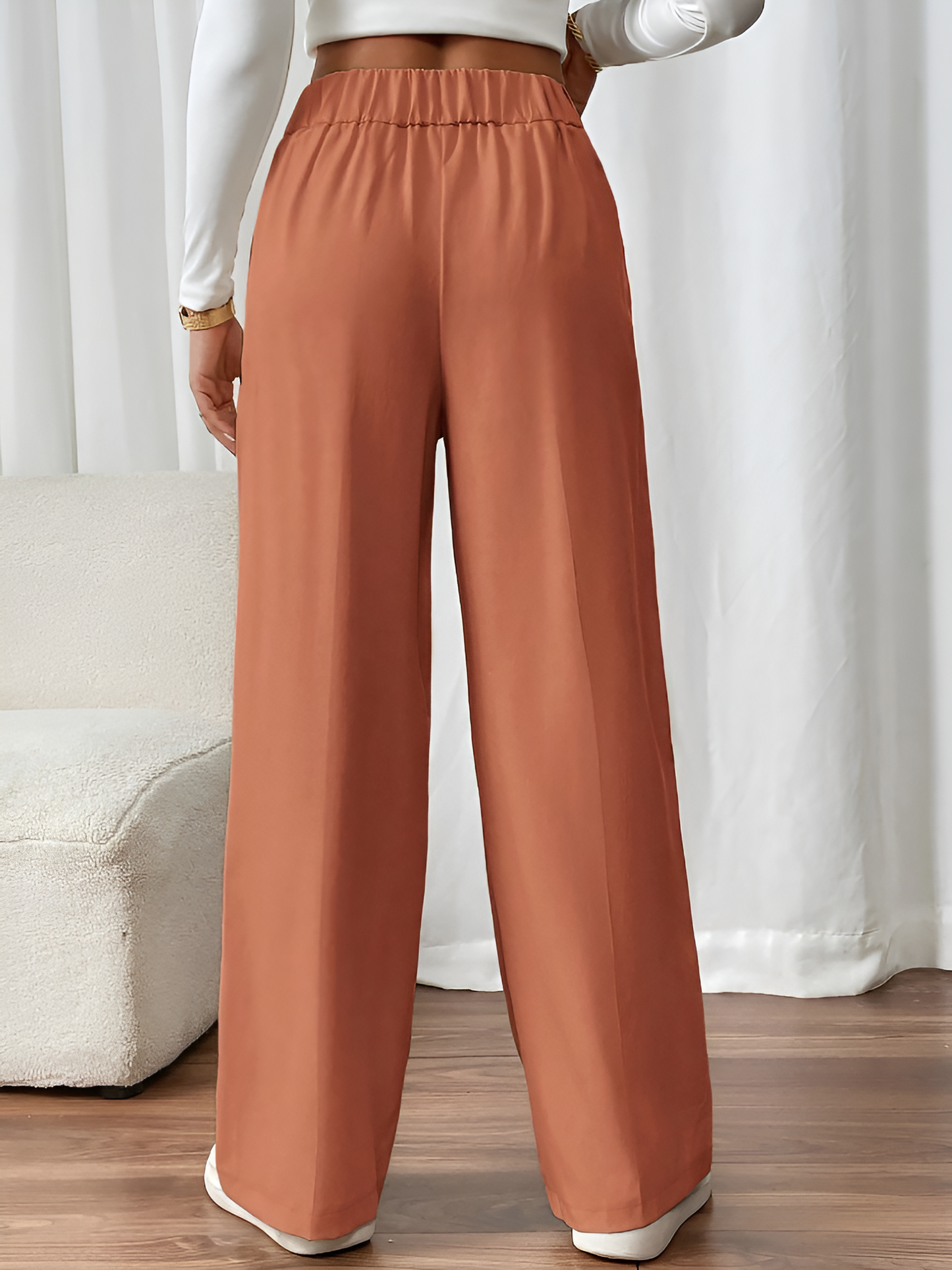 Elastic Waist Button Decor Straight Legs Pants