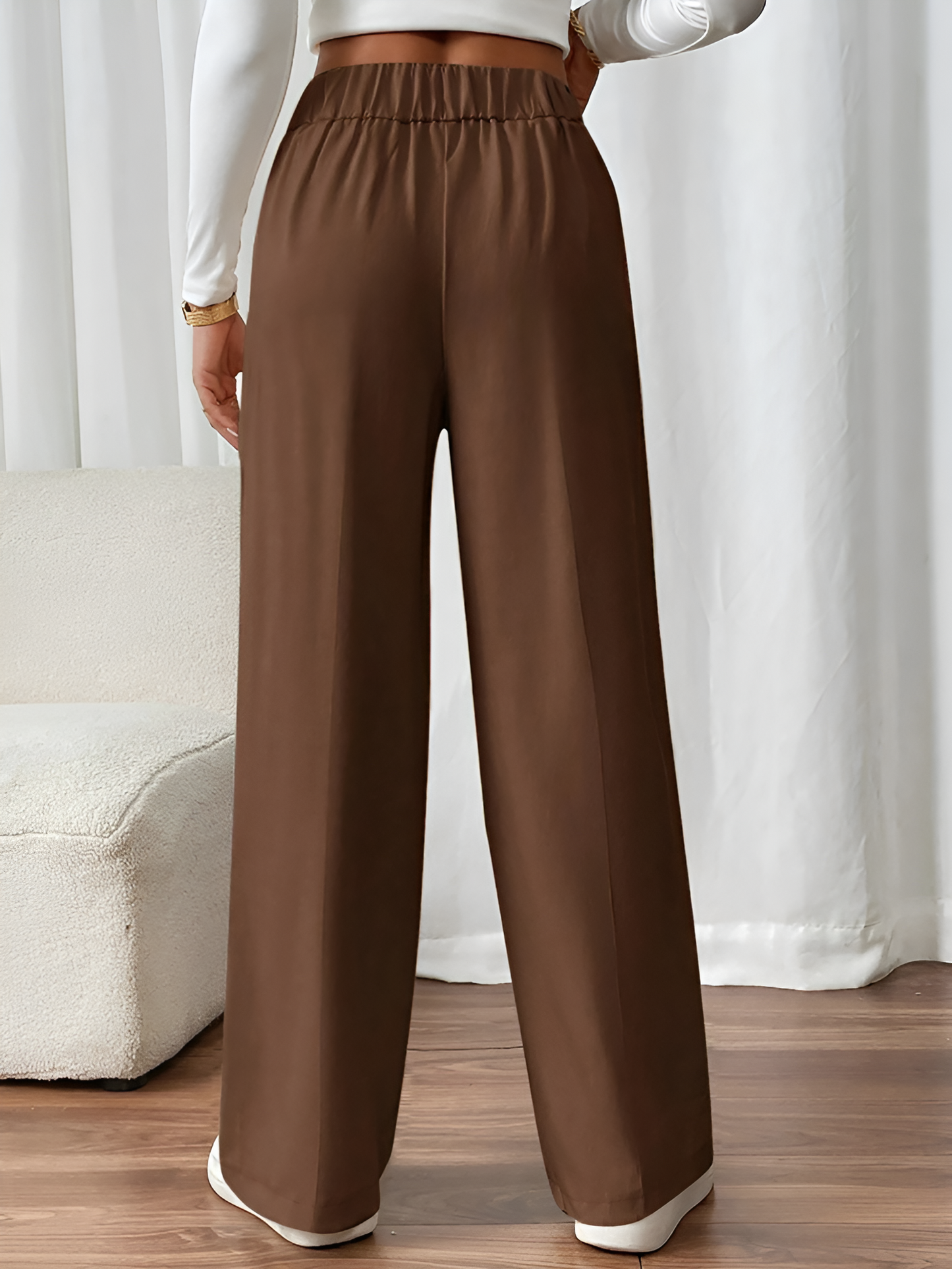 Elastic Waist Button Decor Straight Legs Pants