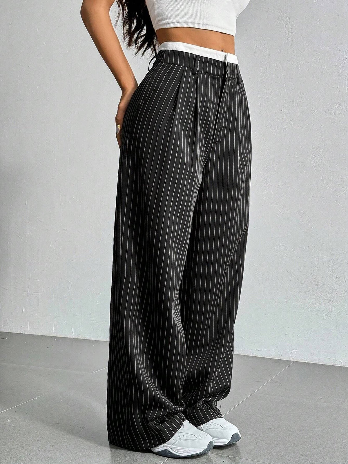 Casual High Waist Striped Wide Legs Trousers Pants