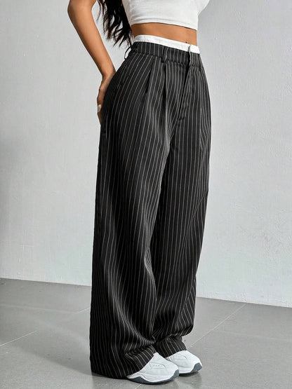 Casual High Waist Striped Wide Legs Trousers Pants