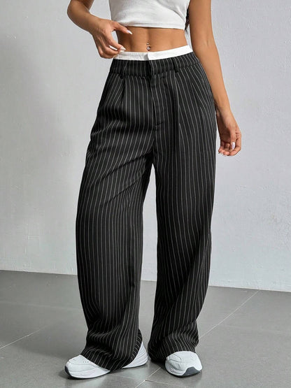 Casual High Waist Striped Wide Legs Trousers Pants
