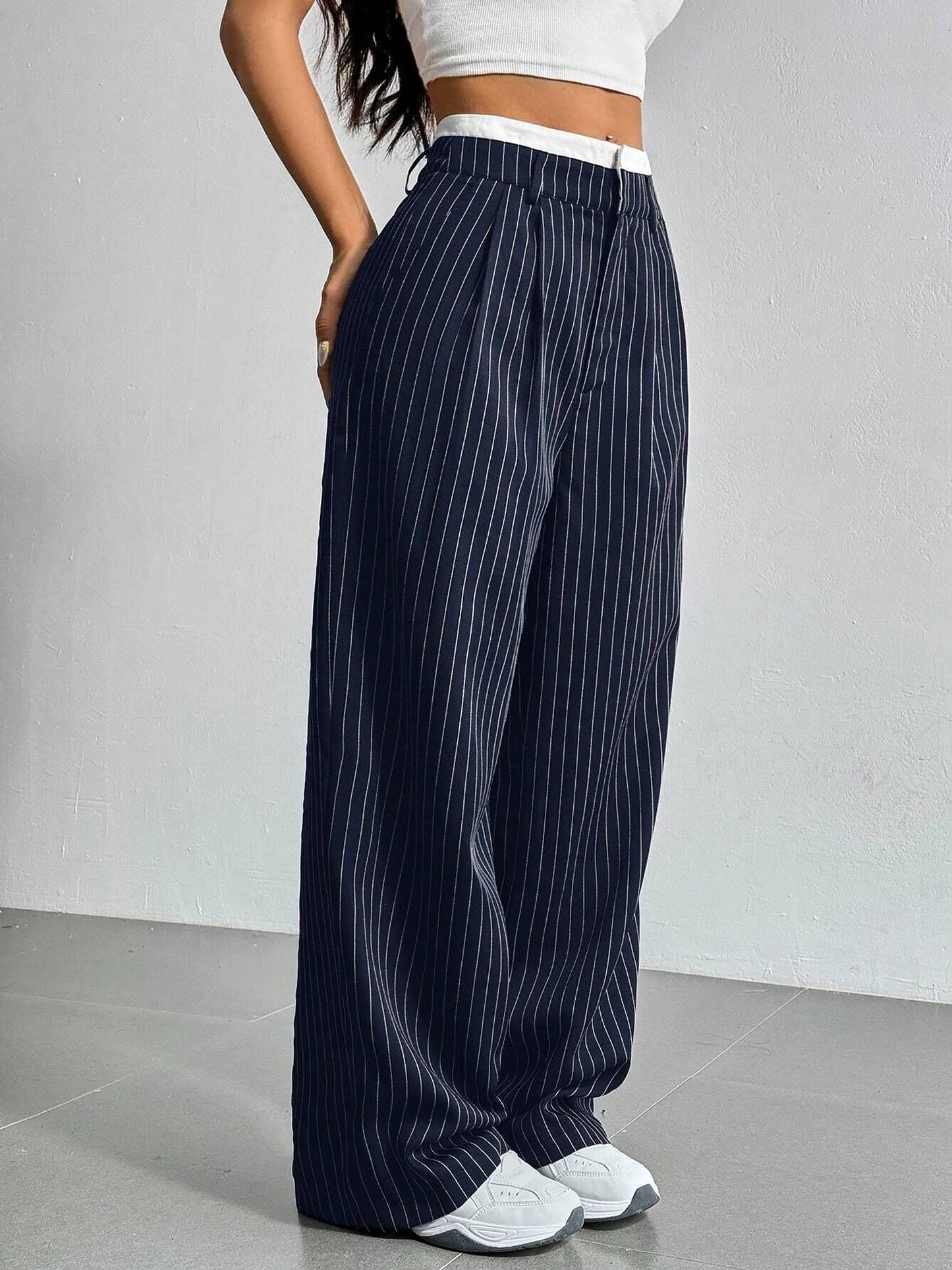 Casual High Waist Striped Wide Legs Trousers Pants
