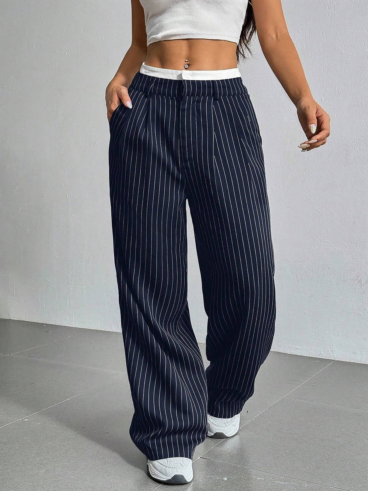 Casual High Waist Striped Wide Legs Trousers Pants