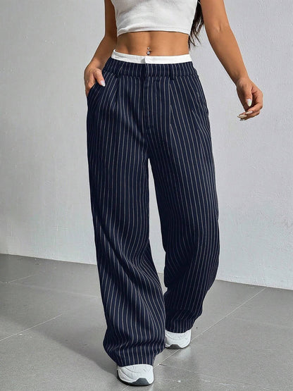 Casual High Waist Striped Wide Legs Trousers Pants