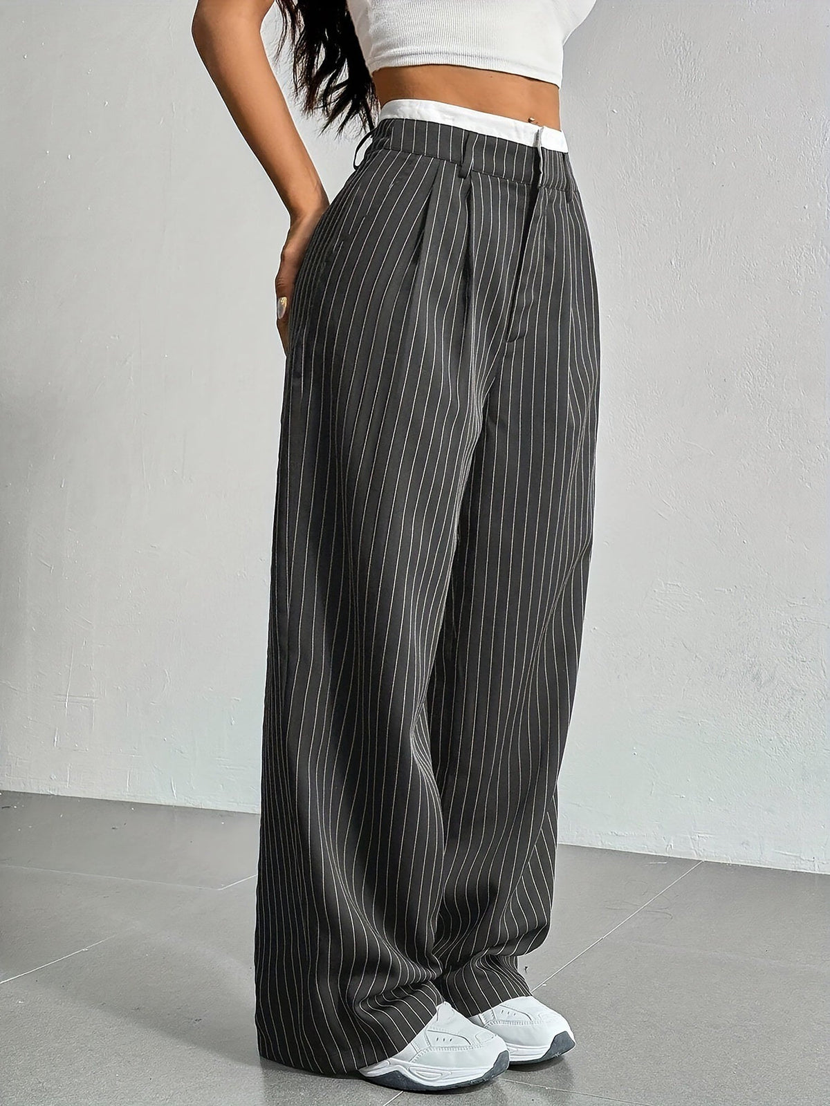 Casual High Waist Striped Wide Legs Trousers Pants