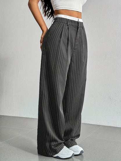 Casual High Waist Striped Wide Legs Trousers Pants