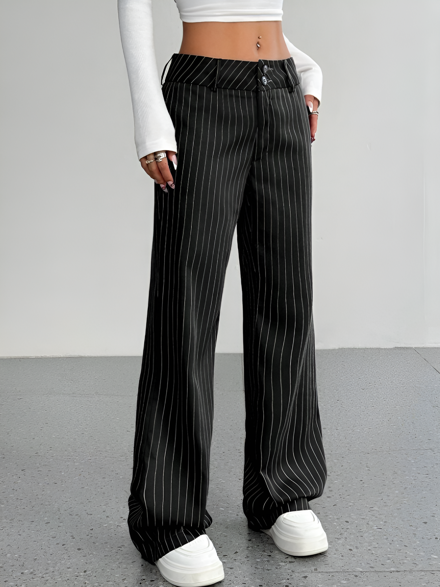Striped Mid Rise Straight Leg Trousers Pants