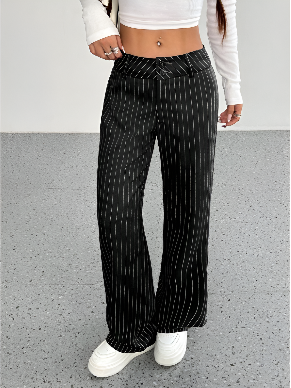 Striped Mid Rise Straight Leg Trousers Pants