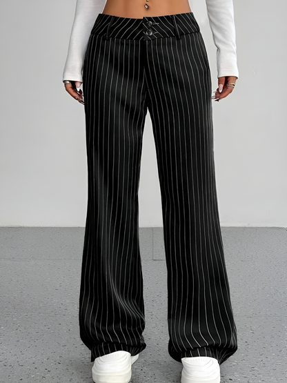 Striped Mid Rise Straight Leg Trousers Pants