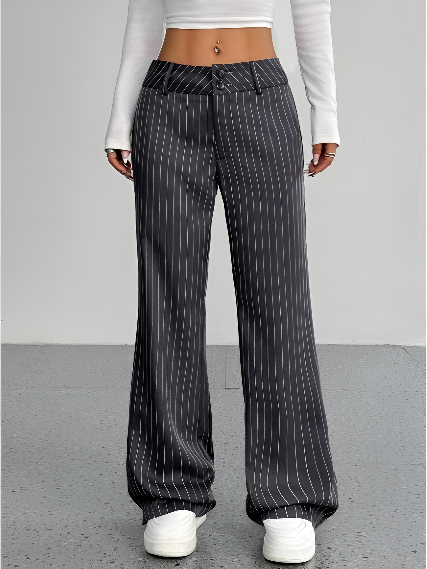 Striped Mid Rise Straight Leg Trousers Pants