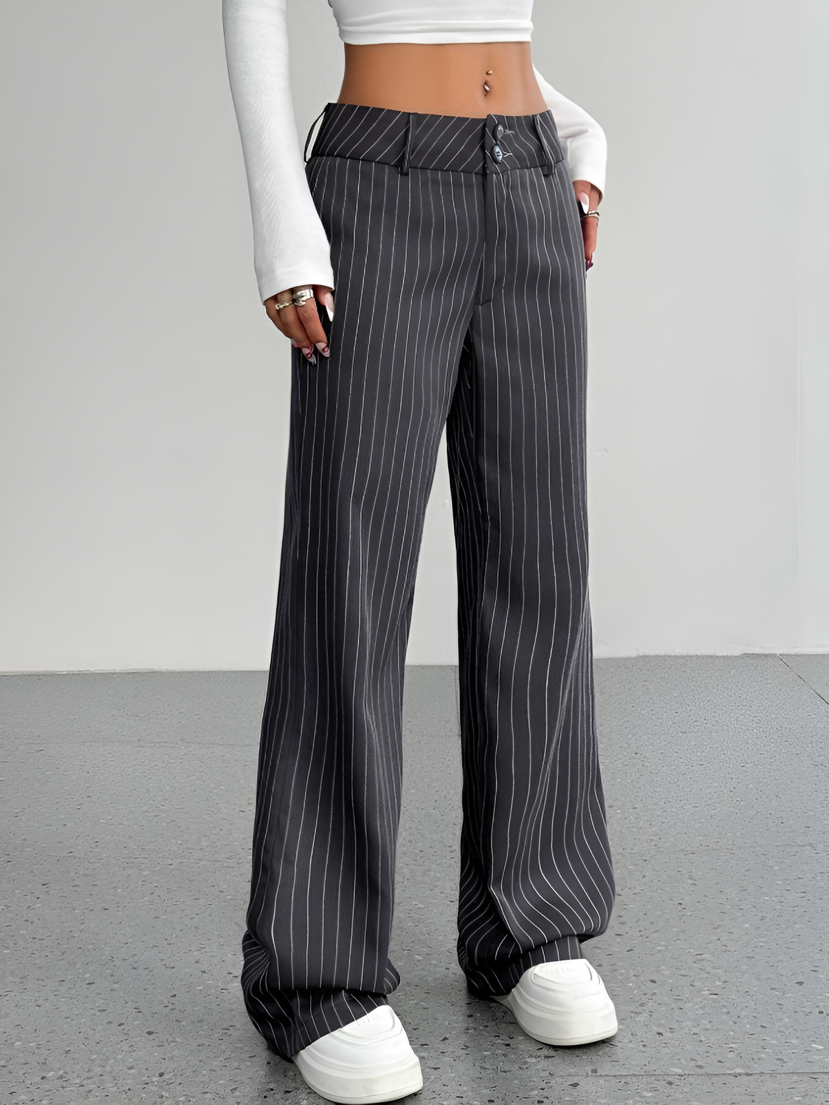 Striped Mid Rise Straight Leg Trousers Pants