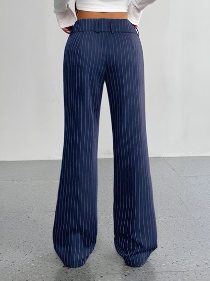 Striped Mid Rise Straight Leg Trousers Pants